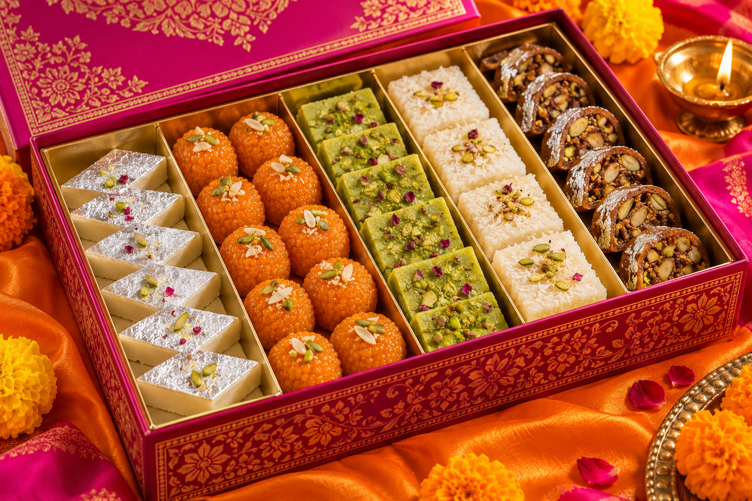 Diwali gift box filled with assorted mithai