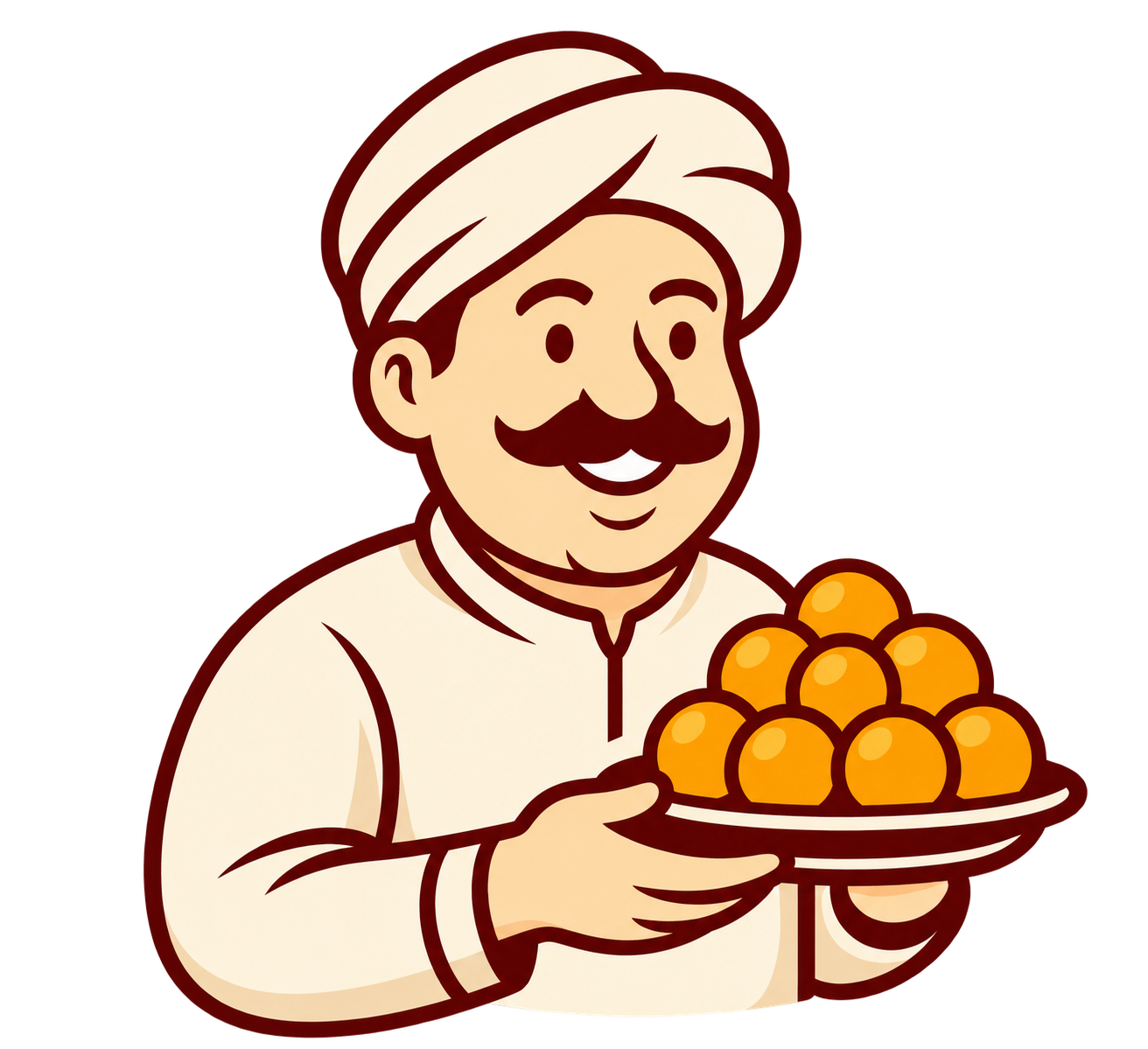 Royal Halwai mascot holding a platter of sweets